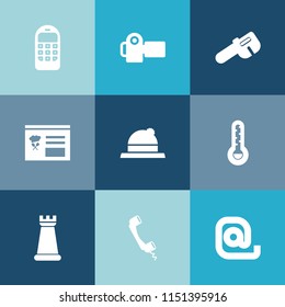 Modern, simple vector icon set on colorful blue backgrounds with king, lens, picture, repair, work, cell, wrench, button, phone, clothing, old, technology, strategy, thermometer, photography icons