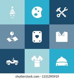 Modern, simple vector icon set on colorful blue backgrounds with style, spanner, poker, kimono, clothing, white, cookie, cake, sweet, happiness, asia, happy, food, headwear, doughnut, location icons
