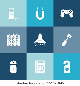 Modern, simple vector icon set on colorful blue backgrounds with hood, phone, schedule, sign, button, magnetic, privacy, technology, food, horseshoe, day, pepper, energy, seasoning, magnet, play icons