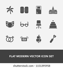 Modern, simple vector icon set with cake, ring, newborn, message, fashion, oxygen, spoon, summer, notification, pie, nature, diamond, infant, kitchen, care, comfortable, dessert, hippie, palm icons