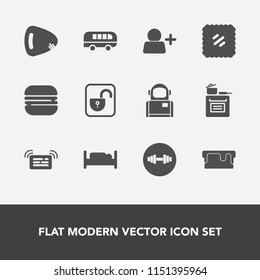 Modern, simple vector icon set with transport, sign, kitchen, sweet, equipment, pie, security, bus, cosmonaut, furniture, speed, road, cooking, gym, musical, food, unlock, transportation, open icons