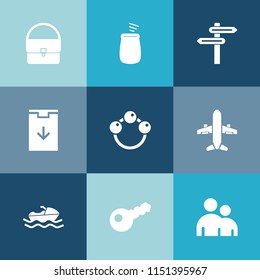 Modern, simple vector icon set on colorful blue backgrounds with toy, direction, percussion, download, sea, web, bag, play, shake, baby, boat, human, element, newborn, arrow, child, ocean, key icons