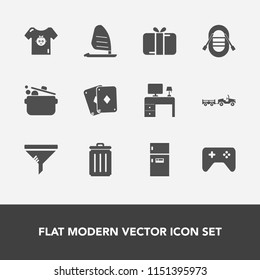 Modern, simple vector icon set with desk, celebration, truck, conditioner, game, present, filter, ship, travel, recycling, sport, business, gift, bin, boat, child, food, fridge, cook, box, air icons