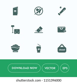 Modern, simple vector icon set on white background with business, team, brochure, chair, baseball, game, sofa, banner, book, sign, tooth, paper, equipment, eraser, white, hot, cup, store, page icons