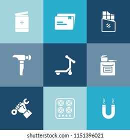 Modern, simple vector icon set on colorful blue backgrounds with medicine, construction, cook, magnet, dessert, candy, modern, gas, sign, dark, hammer, helmet, hospital, drill, saw, paper, oven icons
