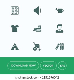 Modern, simple vector icon set on white background with can, music, male, clothing, folder, home, handicap, cook, shirt, machinery, equipment, new, tent, kitchen, file, boy, industry, office, up icons