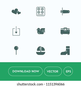 Modern, simple vector icon set on white background with heart, map, cook, animal, appliance, ocean, foot, web, vessel, kitchen, card, sea, love, hot, heat, romance, sign, projector, stove, pin icons