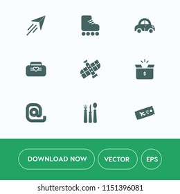 Modern, simple vector icon set on white background with pack, leather, concept, leisure, transport, fun, spoon, fly, airplane, air, package, space, mail, style, car, sport, restaurant, fashion icons