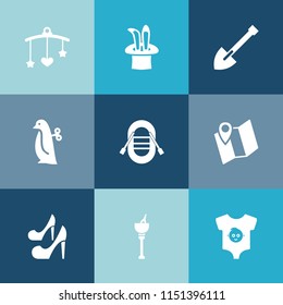 Modern, simple vector icon set on colorful blue backgrounds with hammer, clothing, girl, clothes, mobile, nursery, tool, child, alcohol, pin, equipment, penguin, road, beauty, kid, location, toy icons
