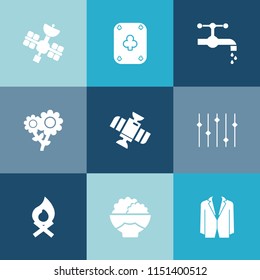 Modern, simple vector icon set on colorful blue backgrounds with metal, plumbing, sign, rice, clean, grain, hot, poker, casino, white, summer, gambling, agriculture, internet, business, flower icons