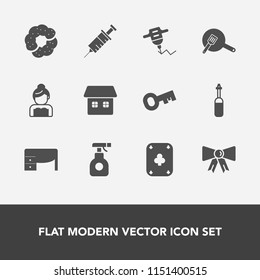 Modern, simple vector icon set with white, pesticide, couple, key, hand, spray, dentist, tool, drill, medicine, wedding, doughnut, cake, sprayer, equipment, clinic, bow, dentistry, house, food icons