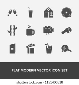 Modern, simple vector icon set with kitchen, wineglass, nature, repair, drink, liquid, real, glass, plant, present, food, hot, book, hammer, screen, holiday, brochure, cooking, juice, video, red icons