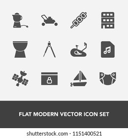 Modern, simple vector icon set with website, boat, food, bicycle, toy, instrument, meat, city, note, web, barbecue, grilled, internet, sign, diaper, hot, grass, garden, engineering, baby, ship icons