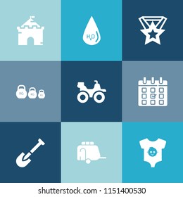 Modern, simple vector icon set on colorful blue backgrounds with building, drop, architecture, fantasy, construction, clean, road, train, transportation, timetable, castle, time, equipment, day icons