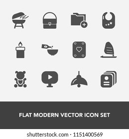 Modern, simple vector icon set with ocean, business, flame, folder, bbq, food, game, bulb, light, media, bag, cute, identity, card, electricity, lamp, bear, wax, barbecue, poker, file, video, id icons