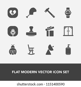 Modern, simple vector icon set with window, box, microphone, furniture, sound, celebration, bird, time, house, equipment, mark, bug, signal, liquid, gadget, present, tool, holiday, music, modern icons
