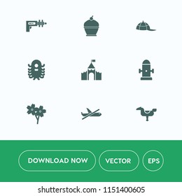 Modern, simple vector icon set on white background with happy, travel, airplane, cap, flight, flower, pie, medieval, sweet, water, fashion, ufo, military, war, clothing, fire, plane, horse, hat icons