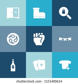 Modern, simple vector icon set on colorful blue backgrounds with finger, kitchen, furniture, game, glass, boot, casual, happy, clothes, female, hand, storage, japan, human, people, drink, woman icons