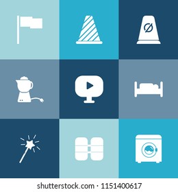 Modern, simple vector icon set on colorful blue backgrounds with wand, home, double, oxygen, star, furniture, house, tea, hot, web, breakfast, road, magic, video, interior, sign, traffic, cup icons