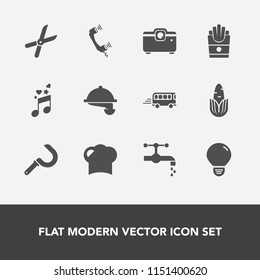 Modern, simple vector icon set with musical, speed, harvesting, bulb, fresh, waiter, food, gardening, healthy, corn, road, music, call, harvest, transport, cut, note, hat, chef, telephone, sink icons