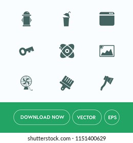 Modern, simple vector icon set on white background with security, equipment, star, air, space, protection, computer, fan, astronomy, universe, hydrant, paint, internet, website, department, key icons