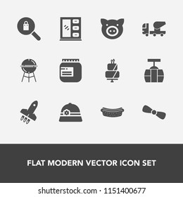 Modern, simple vector icon set with hotdog, sky, cake, female, jar, pie, swine, car, clothes, pig, fashion, mixer, grill, rocket, construction, dessert, furniture, animal, cable, gift, bbq, meat icons