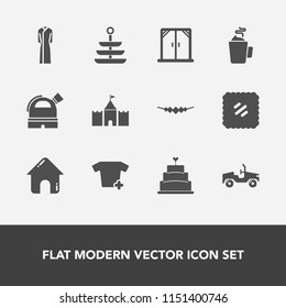 Modern, simple vector icon set with clothing, observatory, house, sign, food, building, fashion, car, clothes, mail, astronomy, shirt, necklace, home, post, hot, female, technology, dessert, cup icons