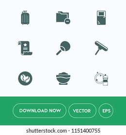 Modern, simple vector icon set on white background with suitcase, game, sign, luggage, play, folder, leisure, broom, paint, bag, archive, travel, pong, racket, restaurant, business, ping, food icons