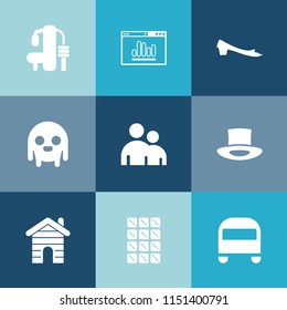 Modern, simple vector icon set on colorful blue backgrounds with monster, man, food, sport, creature, chocolate, dessert, house, hat, building, bus, machine, exercise, character, analytics, ufo icons