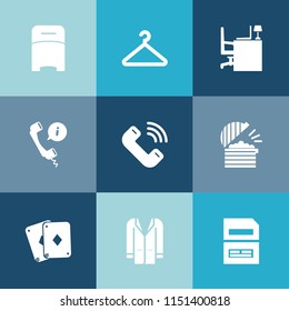 Modern, simple vector icon set on colorful blue backgrounds with sign, poker, chef, support, bed, outfit, work, call, center, file, double, computer, game, data, bedroom, play, home, button, top icons