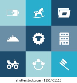 Modern, simple vector icon set on colorful blue backgrounds with business, web, quad, house, wood, kid, infant, brush, dirt, hygiene, food, play, power, rattle, full, service, toy, bike, health icons