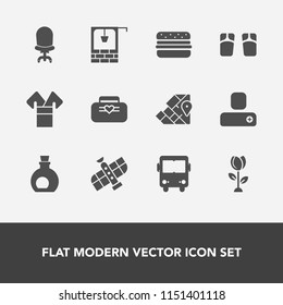 Modern, simple vector icon set with station, orbit, spring, person, mediterranean, well, world, healthy, fashion, costume, atlas, contact, armchair, chair, nature, space, map, flower, water, bus icons