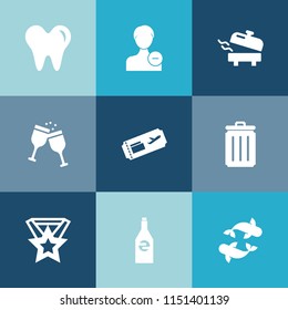 Modern, simple vector icon set on colorful blue backgrounds with dentist, pictogram, liquid, alcohol, tooth, fish, remove, mouth, white, award, beverage, heater, flight, food, bin, avatar, water icons