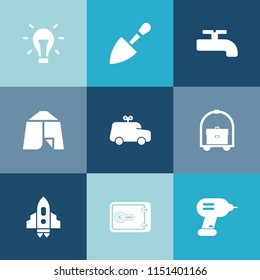 Modern, simple vector icon set on colorful blue backgrounds with construction, bulb, industry, innovation, space, camp, travel, sign, power, summer, lamp, hammer, car, shovel, crane, craft, idea icons