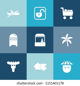 Modern, simple vector icon set on colorful blue backgrounds with open, shop, security, retail, sale, buy, safe, people, protection, sign, cart, travel, sausage, plane, airport, no, envelope icons
