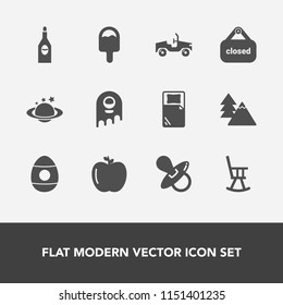Modern, simple vector icon set with nature, banner, apple, space, pacifier, monster, alcohol, easter, planet, healthy, spring, drink, store, earth, globe, ufo, vehicle, red, chair, kid, child icons