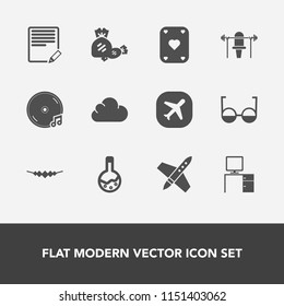 Modern, simple vector icon set with sweet, office, poker, lollipop, travel, tool, candy, laboratory, play, desk, fitness, work, weight, space, pen, medicine, necklace, web, document, rocket, eye icons