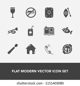 Modern, simple vector icon set with activity, business, fish, bottle, cold, spoon, child, seafood, house, glass, dinner, conditioner, table, textbook, white, sea, river, wine, music, education icons