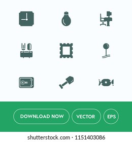 Modern, simple vector icon set on white background with clock, lollipop, shovel, desk, top, food, equipment, light, electricity, business, frame, picture, bank, innovation, dinner, photo, candy icons