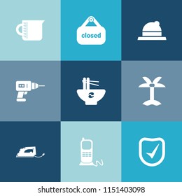 Modern, simple vector icon set on colorful blue backgrounds with container, telephone, store, hat, style, food, equipment, electric, leaf, palm, tool, drill, measurement, closed, summer, banner icons