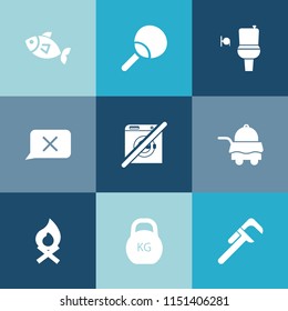 Modern, simple vector icon set on colorful blue backgrounds with sign, repair, sea, chat, heavy, weight, dont, animal, fishing, ping, room, table, tool, closed, game, fireplace, sport, racket icons
