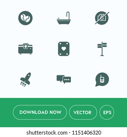 Modern, simple vector icon set on white background with speech, travel, drink, gambling, caffeine, photo, shower, projector, dialog, communication, food, bubble, toilet, street, no, play, film icons