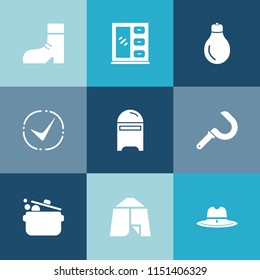 Modern, simple vector icon set on colorful blue backgrounds with furniture, adventure, boot, power, cowboy, wood, kitchen, harvesting, shoe, sign, camp, style, letter, leather, agriculture, food icons