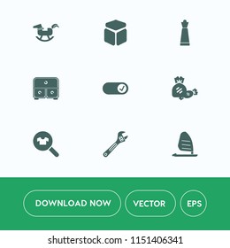 Modern, simple vector icon set on white background with sign, equipment, fashion, duck, strategy, baby, clothing, candy, knight, surf, office, piece, hammer, square, chess, ocean, cube, lollipop icons