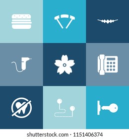 Modern, simple vector icon set on colorful blue backgrounds with health, dentistry, destination, flower, sakura, position, parachuting, sport, map, sign, communication, security, cherry, air icons