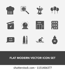 Modern, simple vector icon set with ball, find, house, lift, buoy, smile, toothbrush, bear, toy, wine, elevator, bottle, beauty, health, magnifier, play, glass, chief, office, fashion, red, city icons