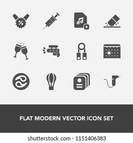 Modern, simple vector icon set with music, add, price, clinic, identity, file, wine, japan, game, eraser, mon, gun, air, dentist, calendar, hot, training, schedule, water, percent, kamon, day icons