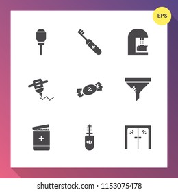 Modern, simple vector icon set on gradient background with food, care, medicine, architecture, fashion, light, service, machine, lamppost, conditioner, mascara, caffeine, post, drill, entrance icons