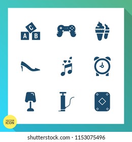 Modern, simple vector icon set on gradient background with interior, white, joystick, alphabet, cream, music, sweet, gaming, alarm, sign, button, game, letter, summer, abc, play, table, dessert icons