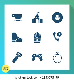 Modern, simple vector icon set on gradient background with building, fast, user, cafe, hot, avatar, coffee, drink, call, food, human, espresso, kingdom, footwear, beverage, castle, joystick, cup icons